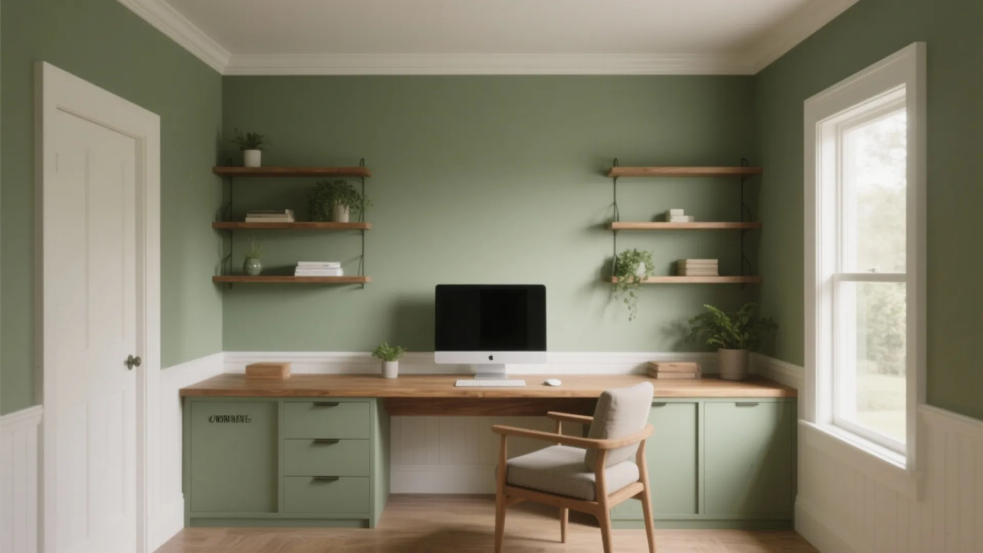 Modern home office with green walls wooden desk computer monitor wall shelves plants and natural light