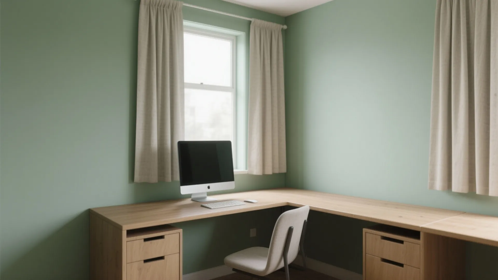 Minimalist study area with sage green walls corner wooden desk white chair and computer near windows