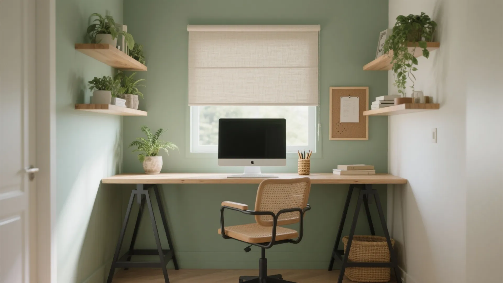 Minimalist green study room featuring wooden desk computer woven chair window blinds and hanging plants