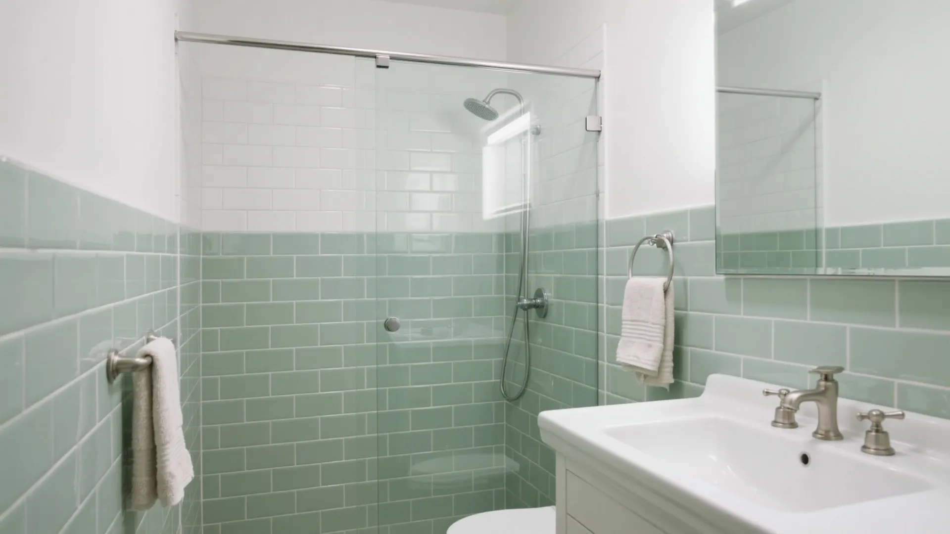 Soft sage subway tiles with crisp white grout