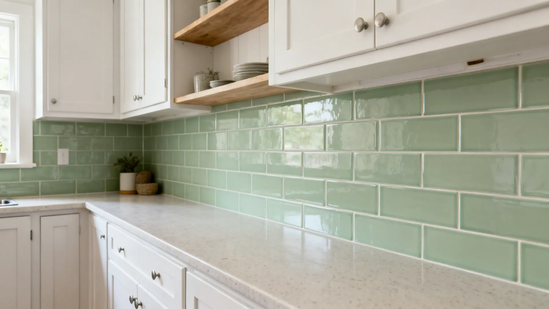Soft sage subway tile with color-matched grout in a small kitchen for a calm, seamless look.