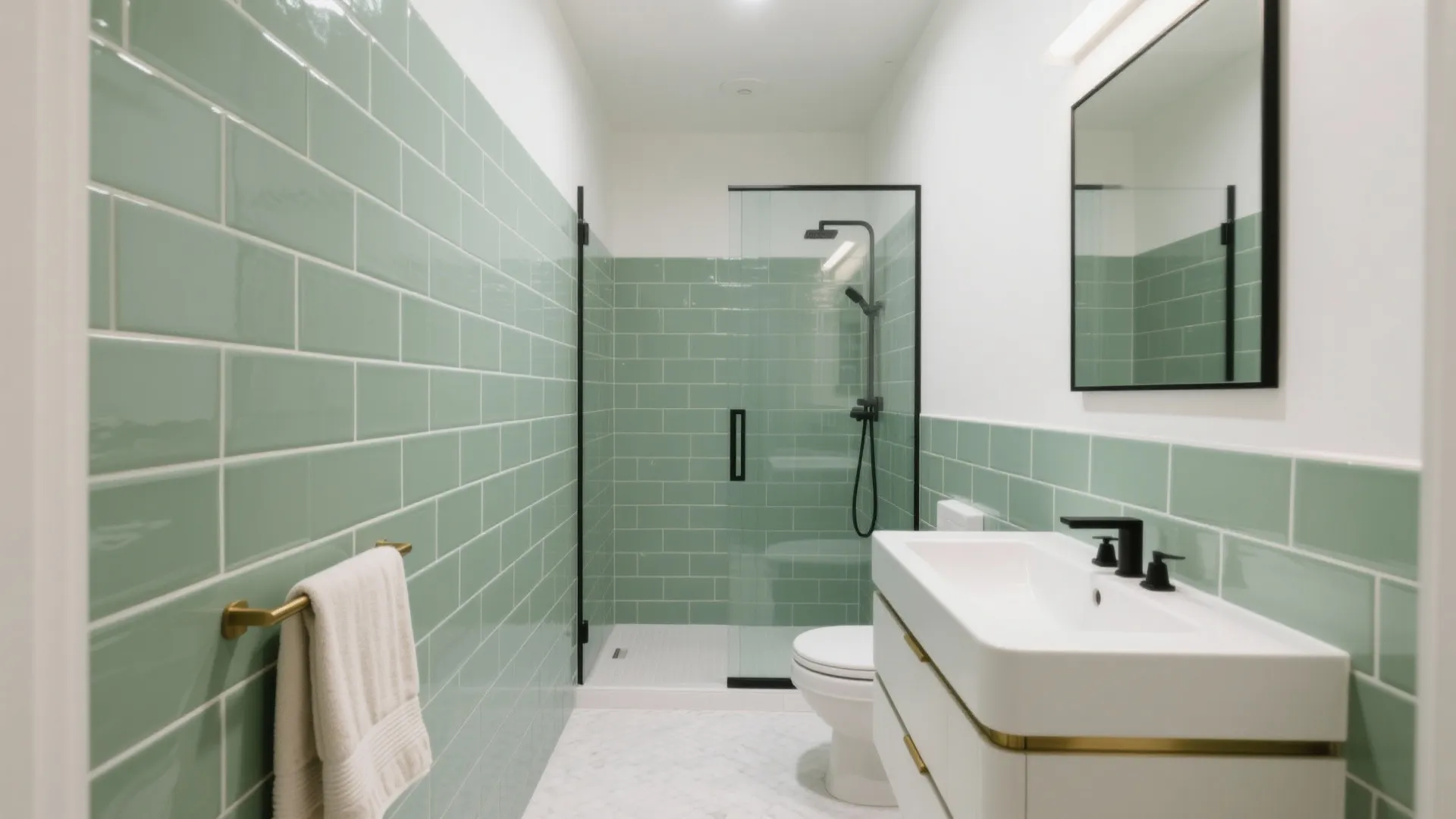 Soft Sage Subway Tiles with High-Contrast Grout