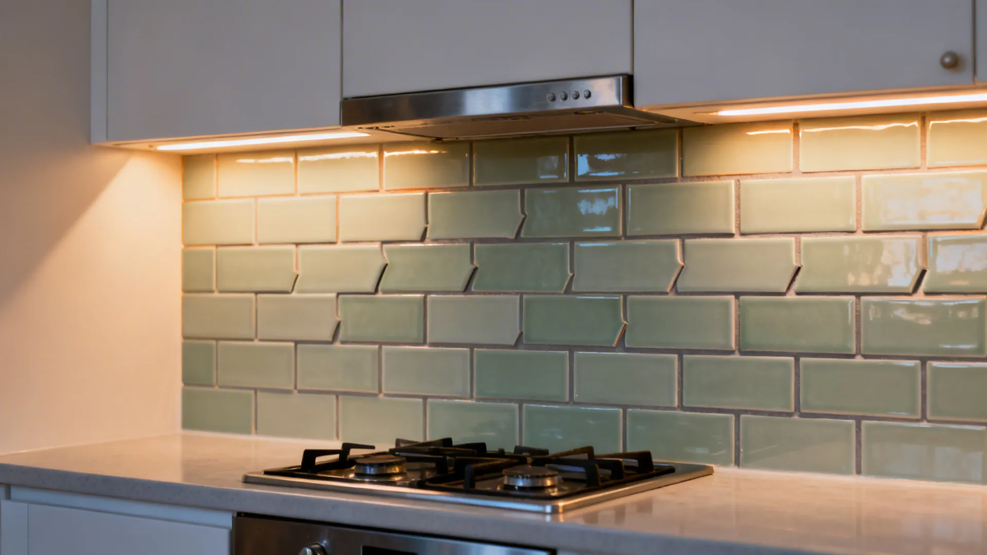 Soft sage glazed ceramic subway tiles in an offset pattern with warm gray grout behind a range.