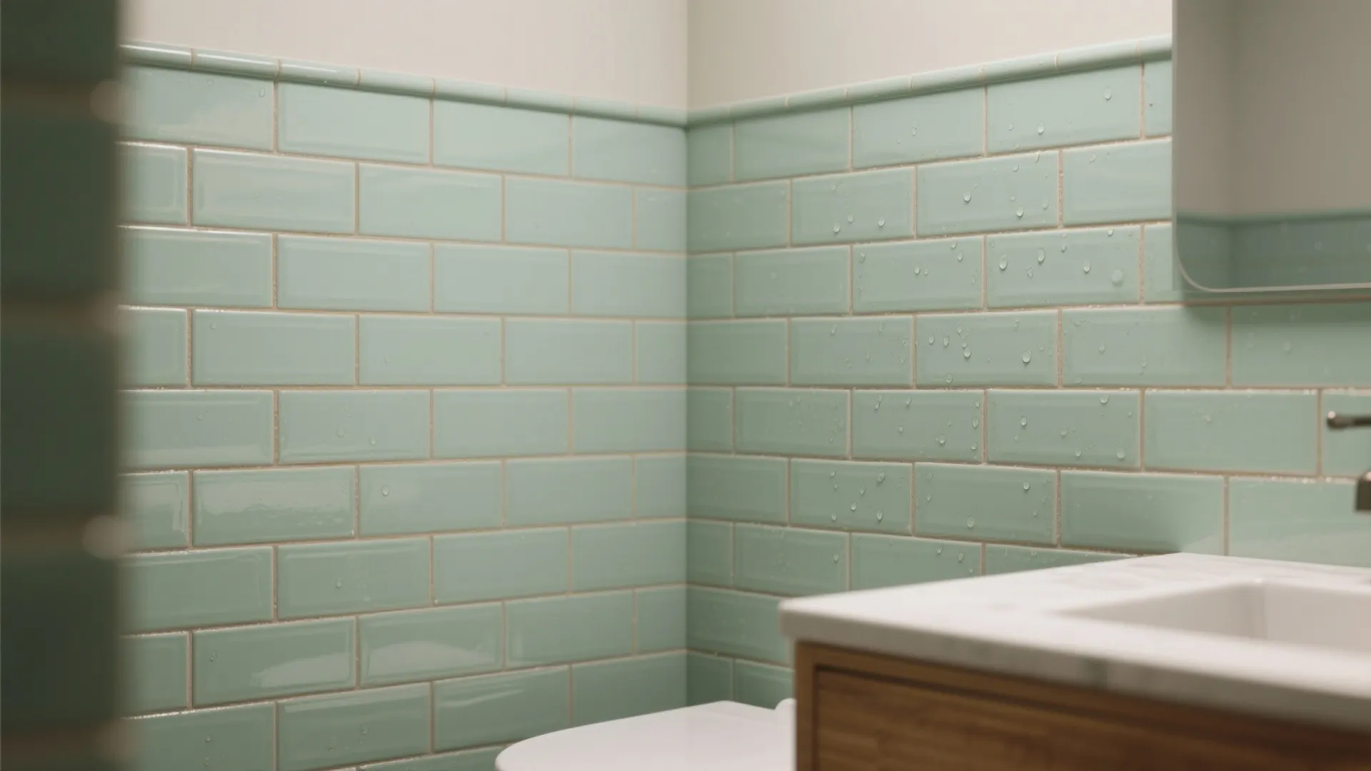 Close-up of soft sage subway tiles on a bathroom wall with warm grout and subtle reflections