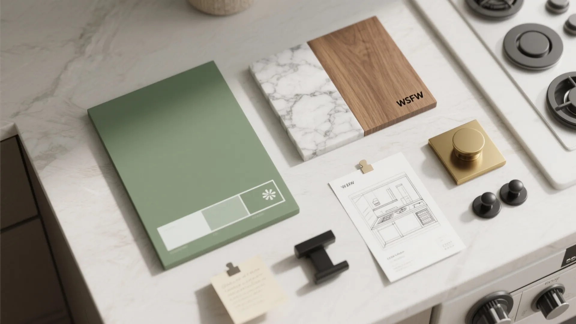 Green color swatch, marble sample, wood piece, and interior design drawing on a white countertop