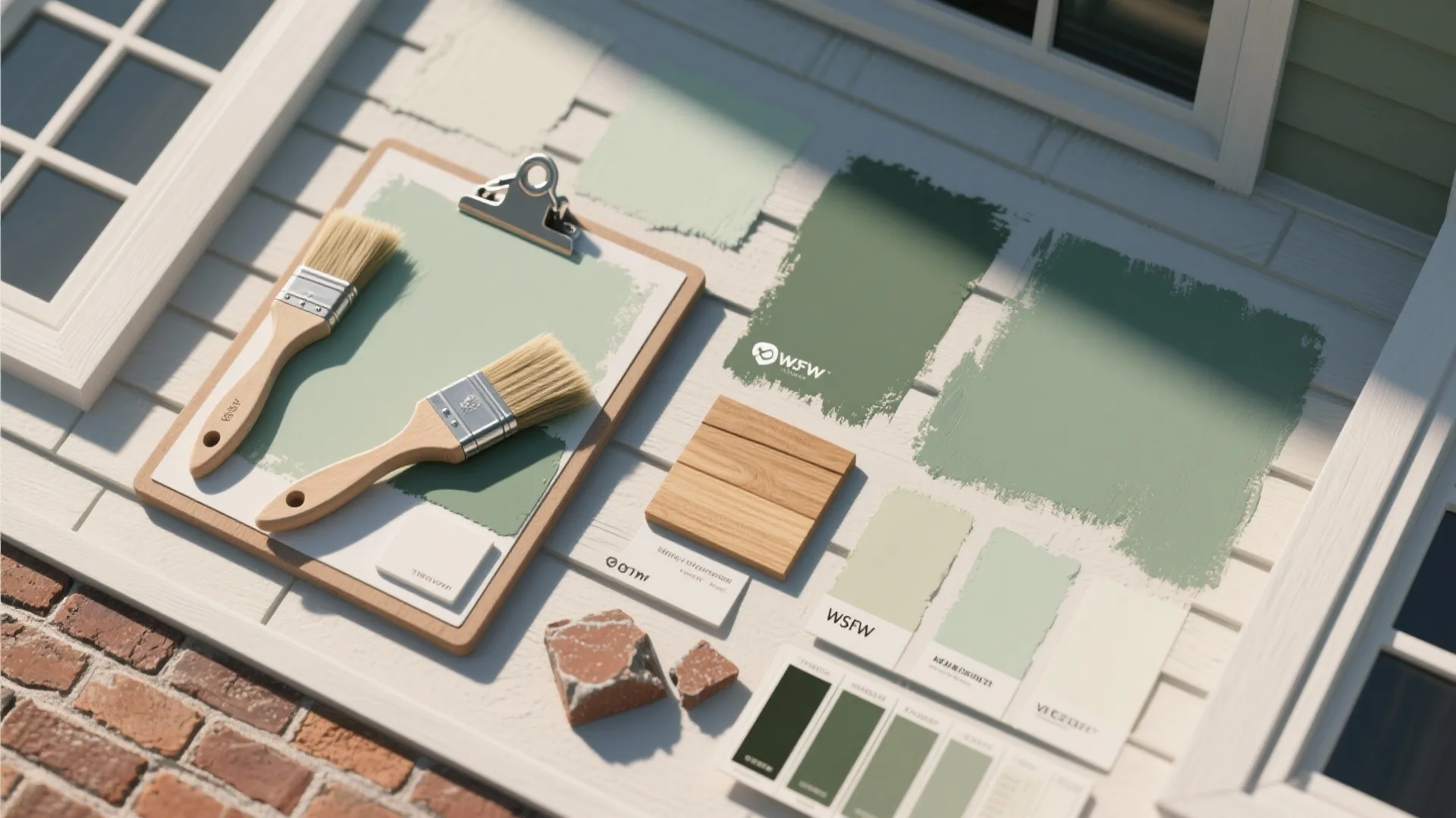 Top-down view of sage paint swatches, facade sample patches, brushes and material chips under soft daylight.