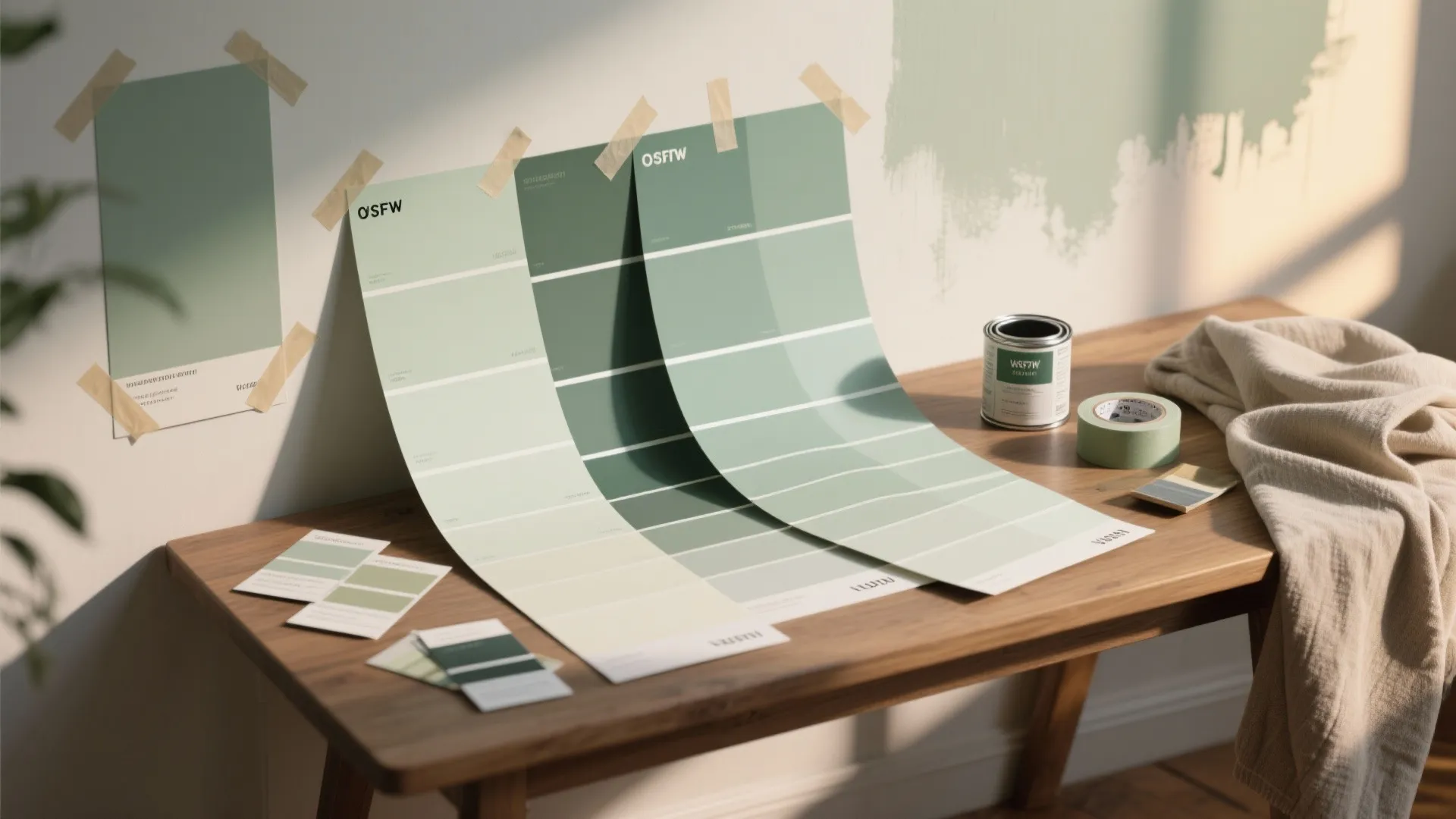 Green paint color swatches displayed on a wooden desk with paint can and masking tape