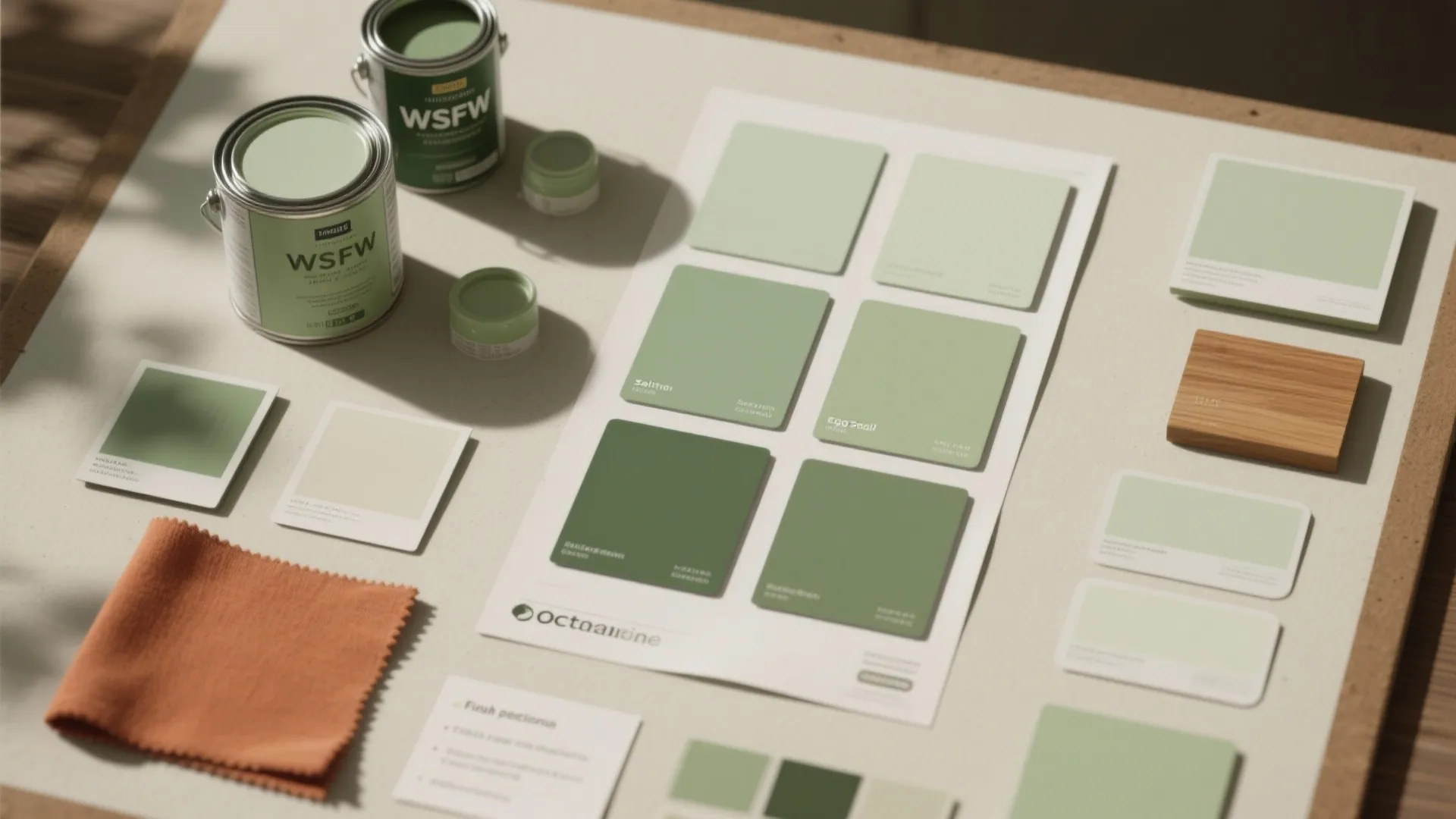 Top-down flatlay of sage paint swatches, finish samples, wood and terracotta fabric samples for testing color and finish.
