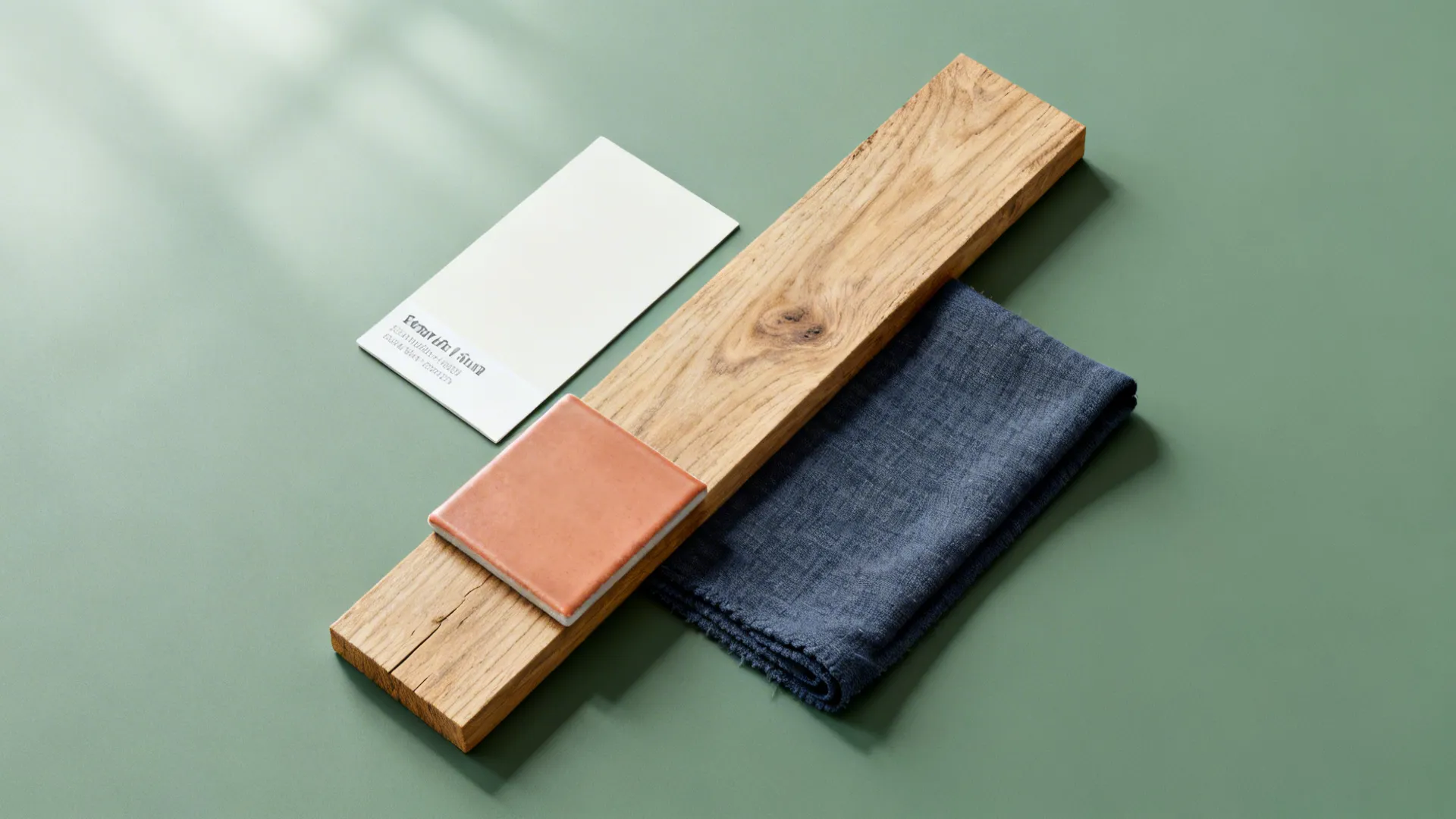 Color swatches and material samples that complement sage green: warm white, terracotta, muted navy and natural wood