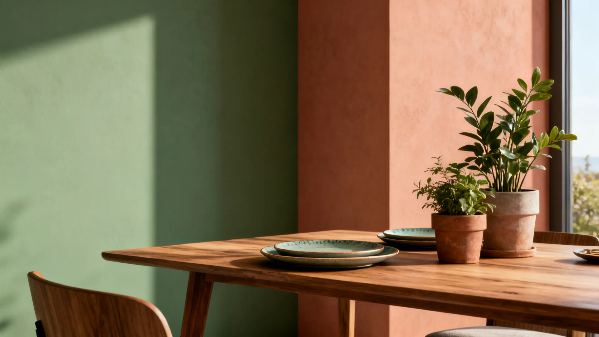 Dining area with sage green accent wall and soft terracotta adjacent wall, plants and wooden table
