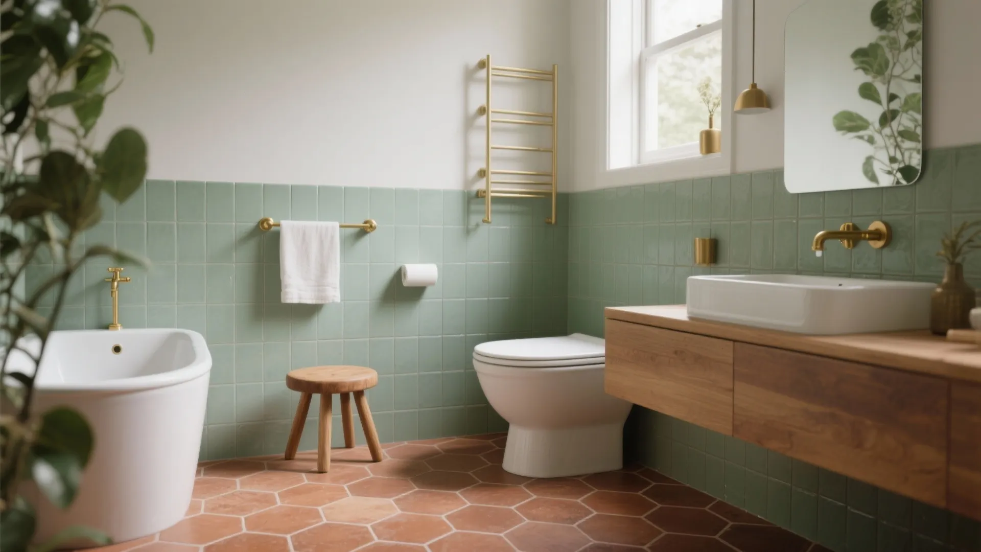 Green tiled bathroom with terracotta floor featuring white bathtub wooden stool toilet and wood vanity