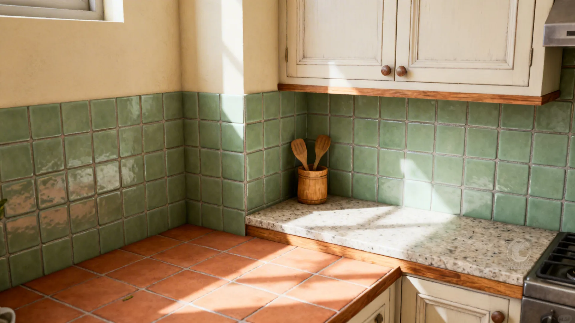 Sage green tiles with terracotta-look floor and cream walls create an earthy calm kitchen.