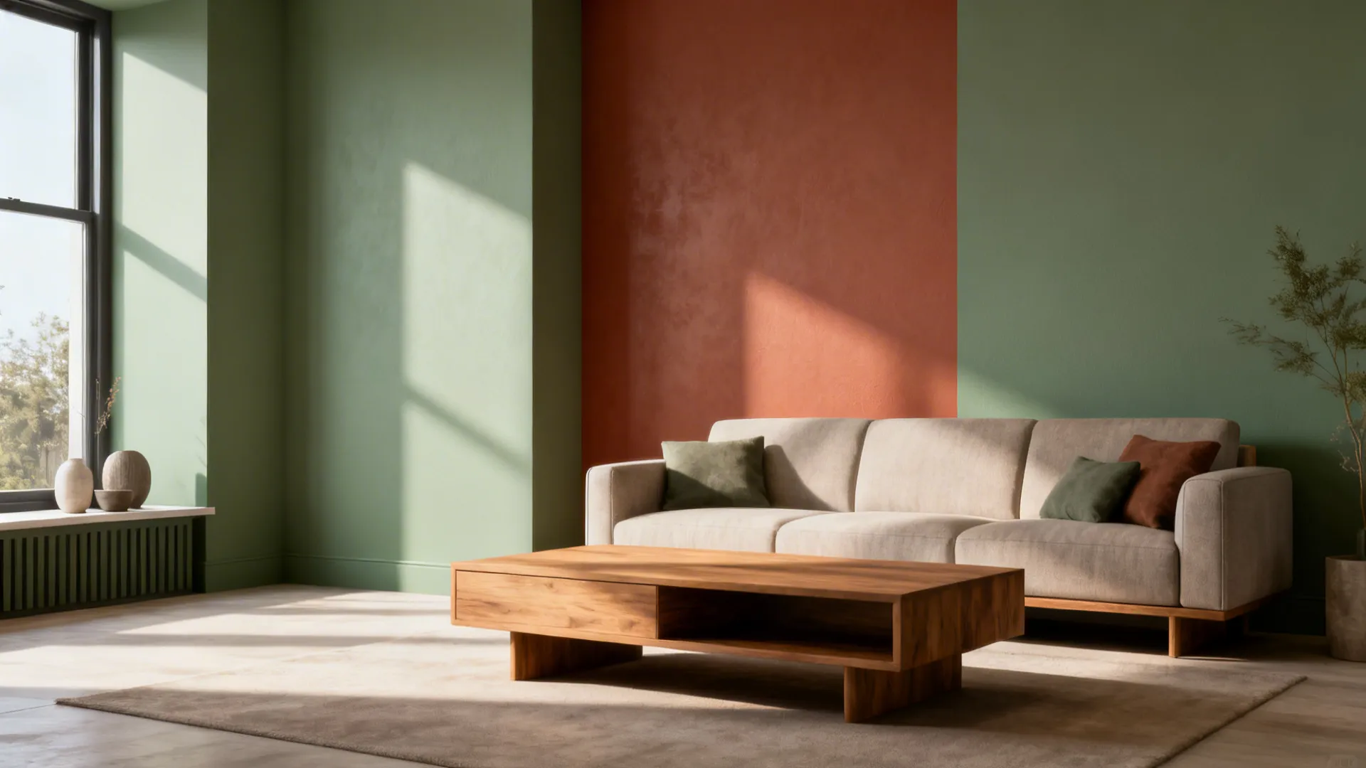 Living room showing three sage walls and one terracotta feature wall behind the sofa.