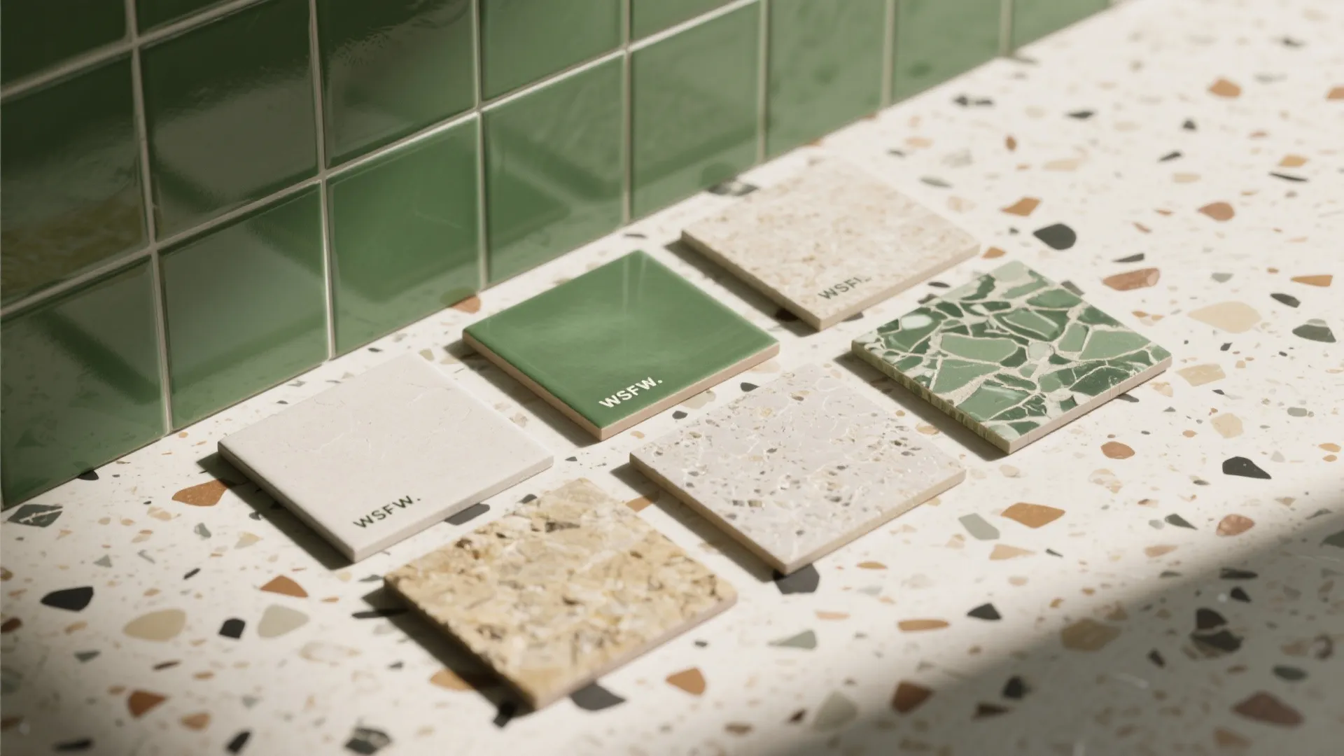 Six square tile samples with green and marble patterns arranged on a light stone surface