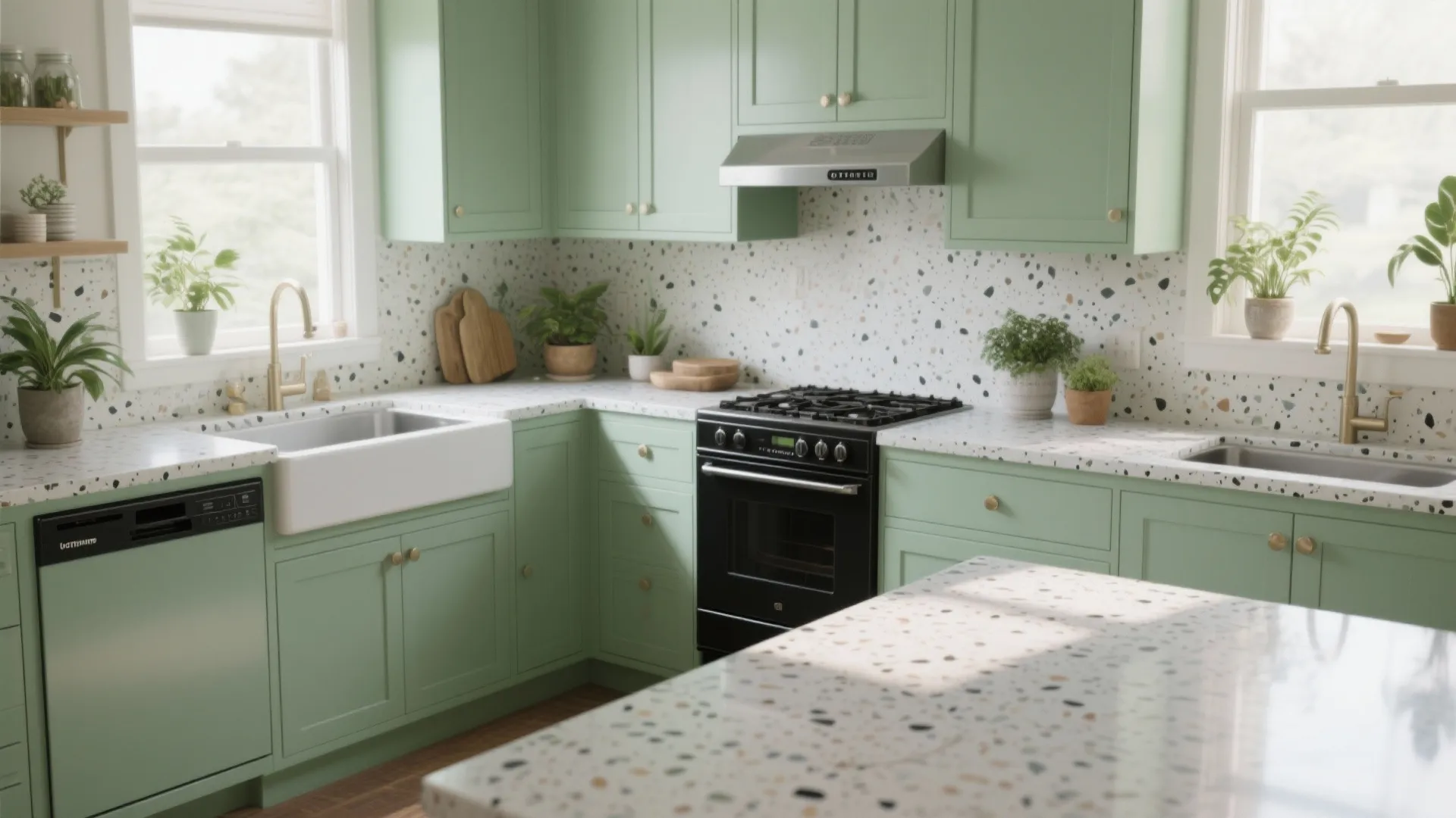 3. Soft Sage Green + Terrazzo Countertops