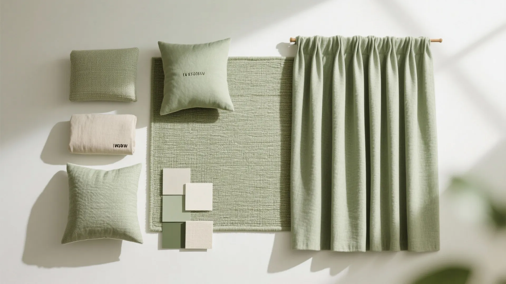 Flatlay of sage green curtain fabric samples pillows and a small rug for interior design planning
