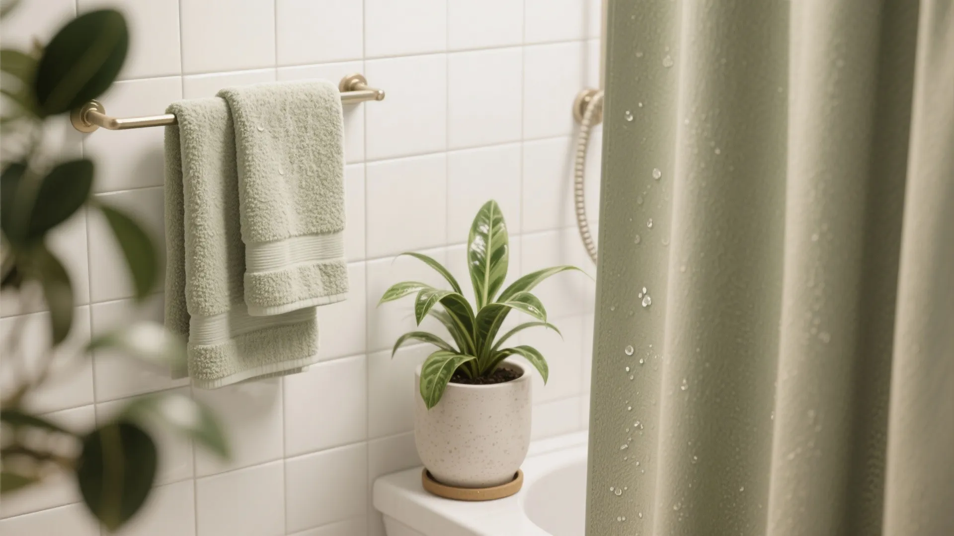Sage green towels on gold rack with small potted plant and wet green shower curtain