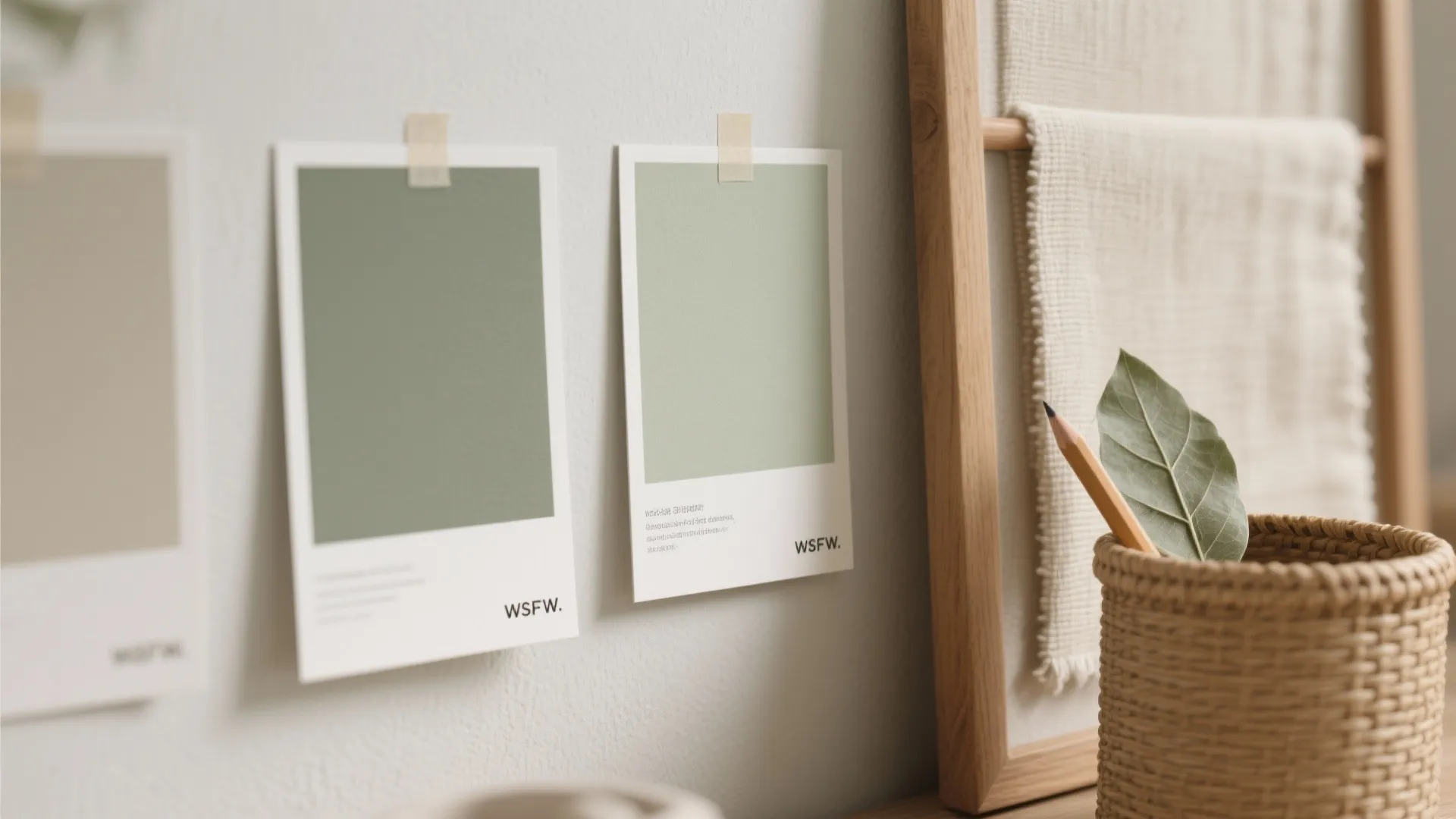 Green color paint swatches taped on wall near woven basket with pencil and small leaf