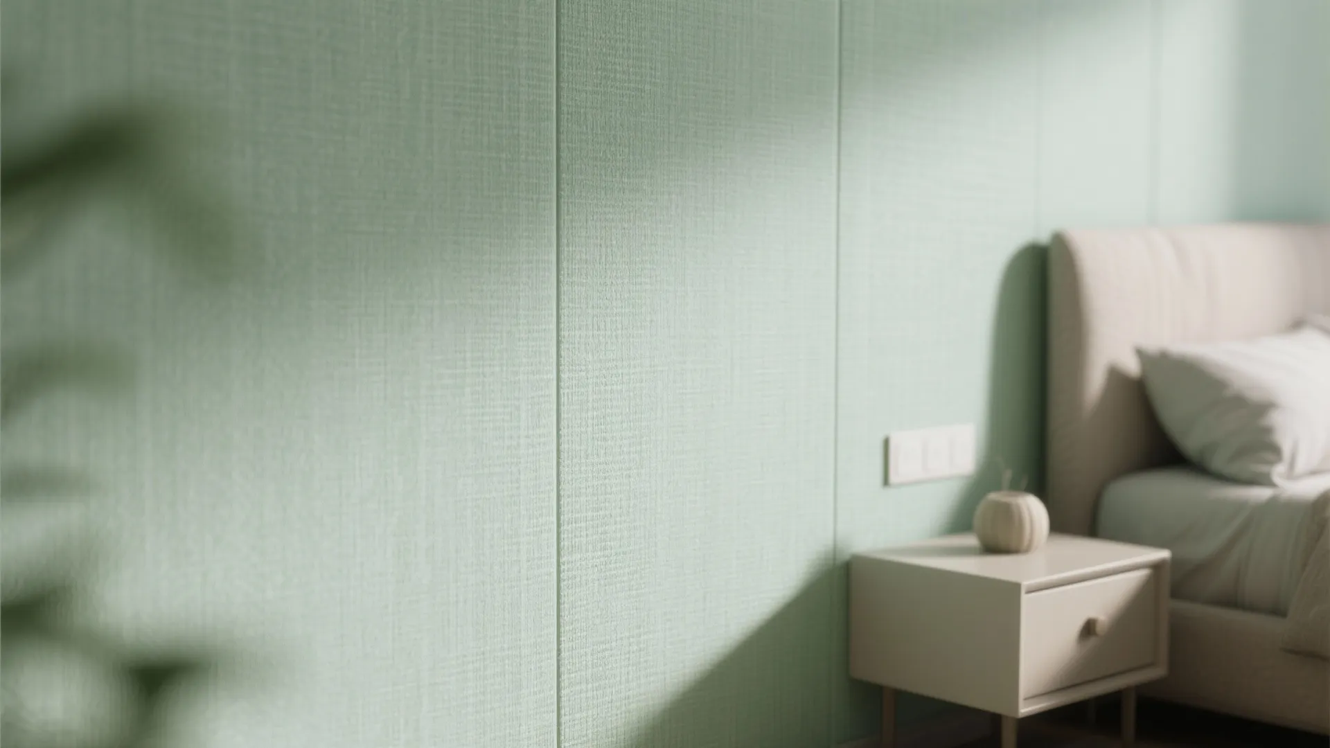 2. Soft Sage with Textured Wallpaper