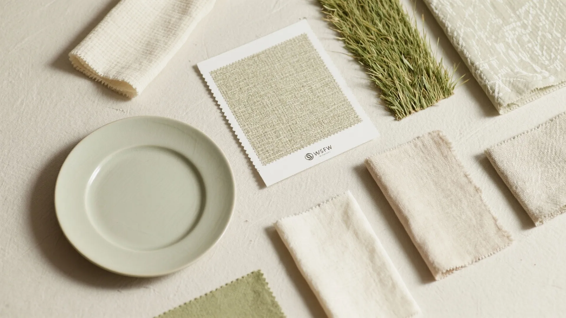 Flat lay arrangement of fabric samples and ceramic plate on a neutral colored textured background