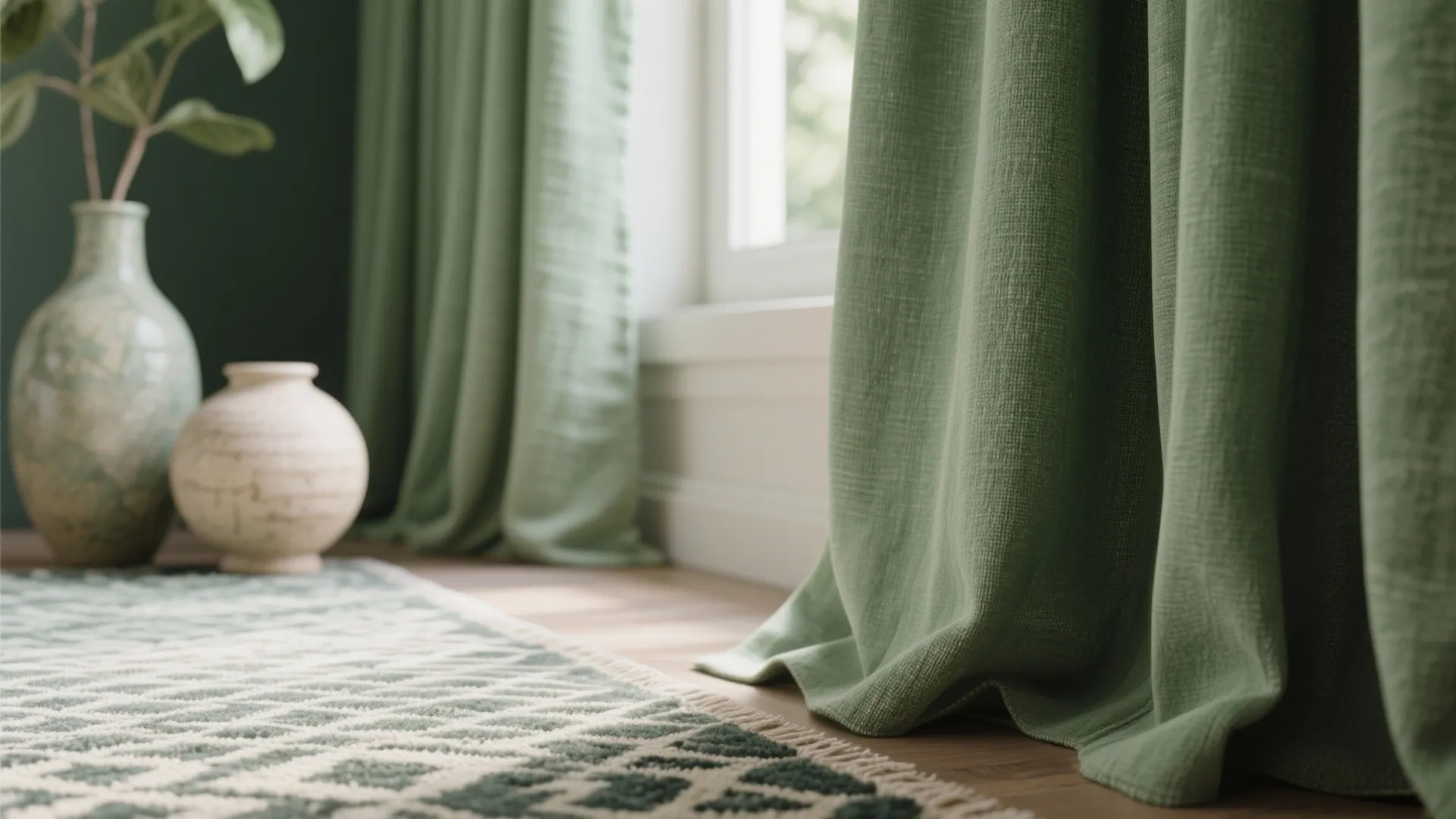 Close up of green fabric curtain textured rug ceramic floor vase and plant by window