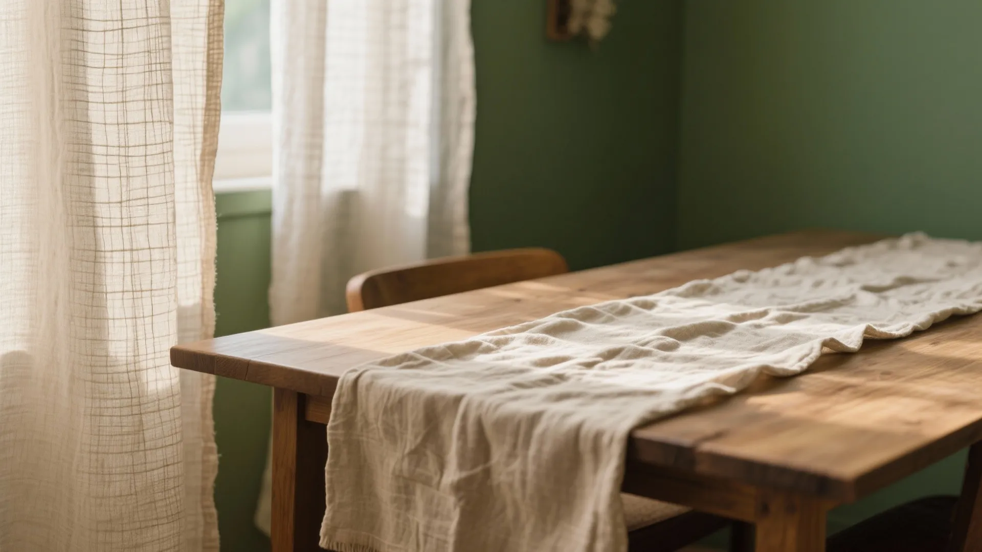 Flax linen curtains and wrinkled table runner against sage wall