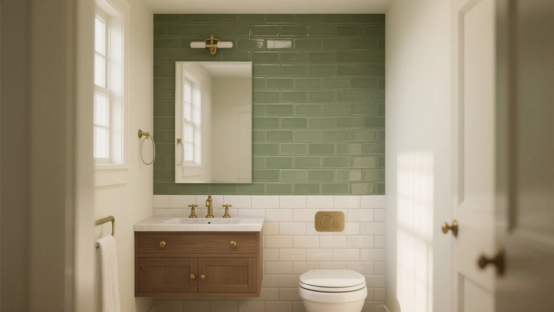 Modern bathroom with sage green wall tiles white toilet wooden cabinet mirror and gold light fixture