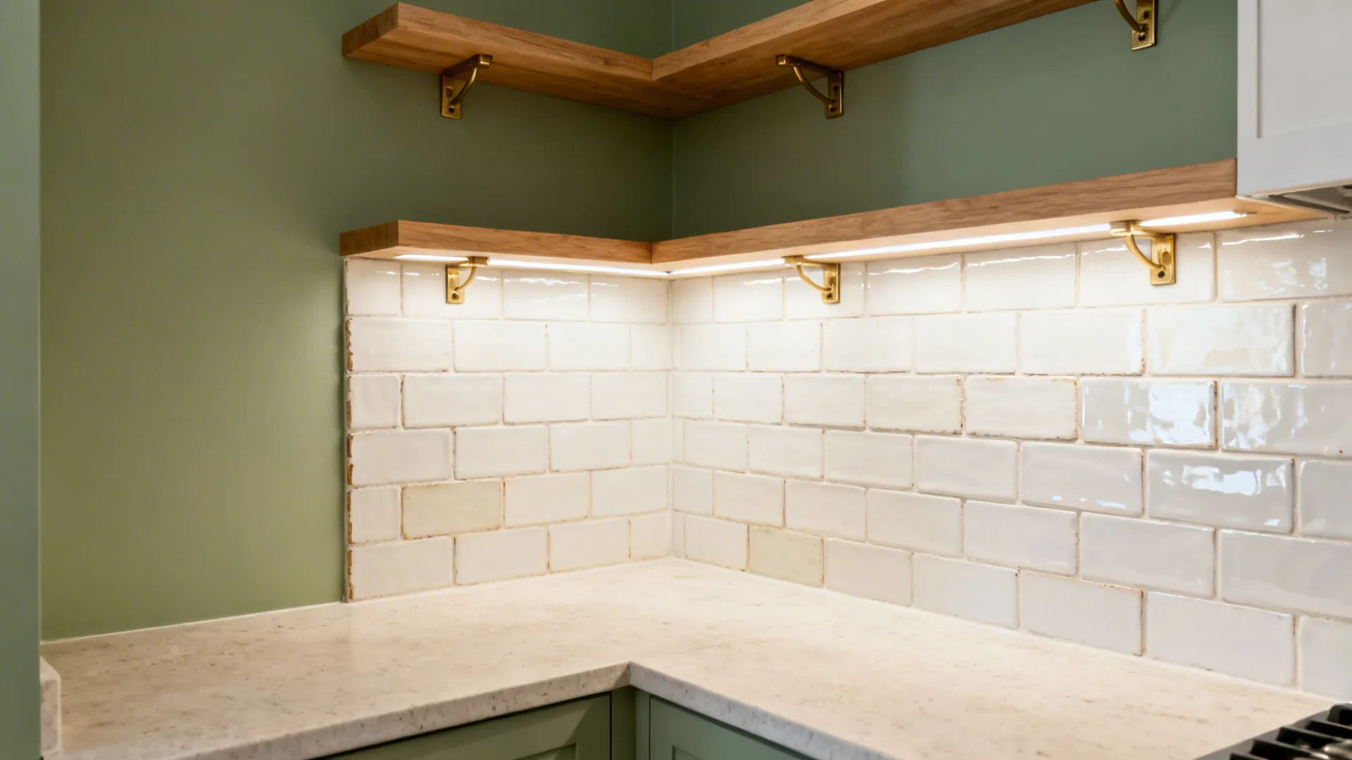 Small kitchen with sage green walls and a warm white handmade tile backsplash reflecting soft task lighting.