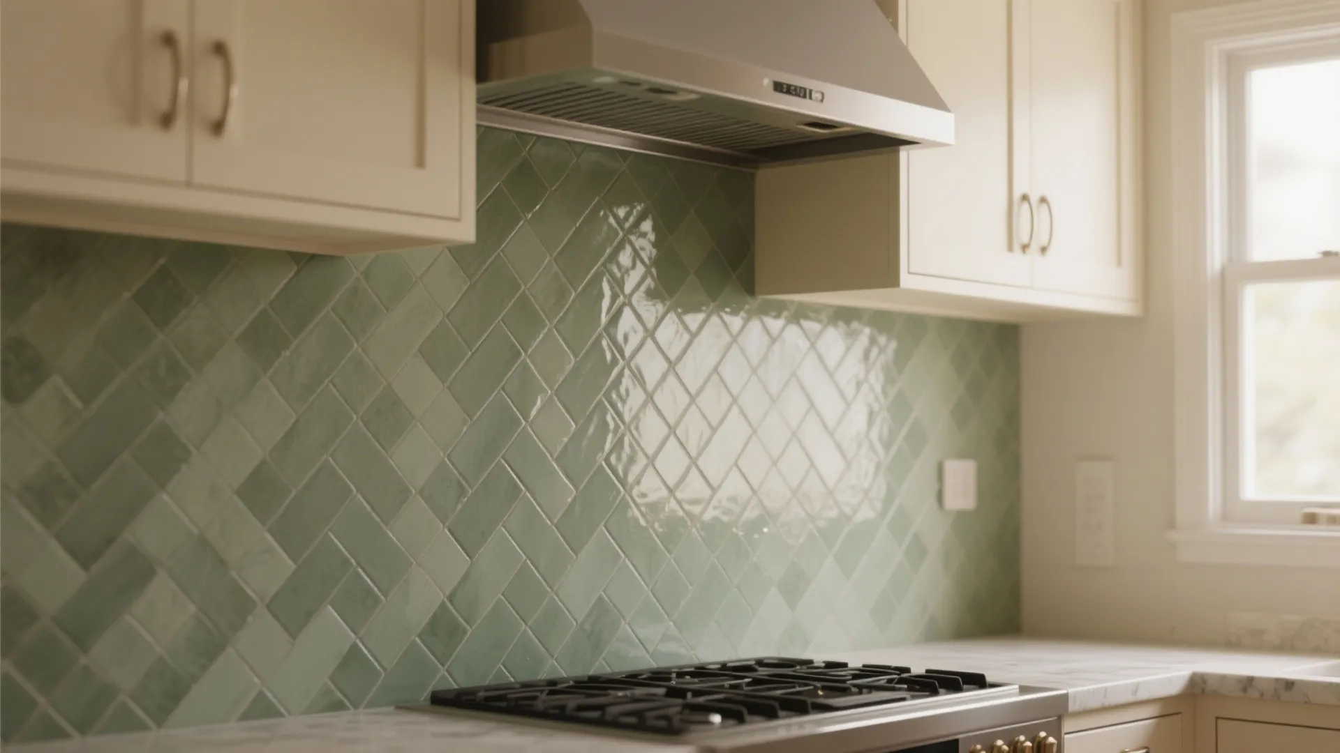 3. Sage Tiled Backsplash in Mixed Patterns
