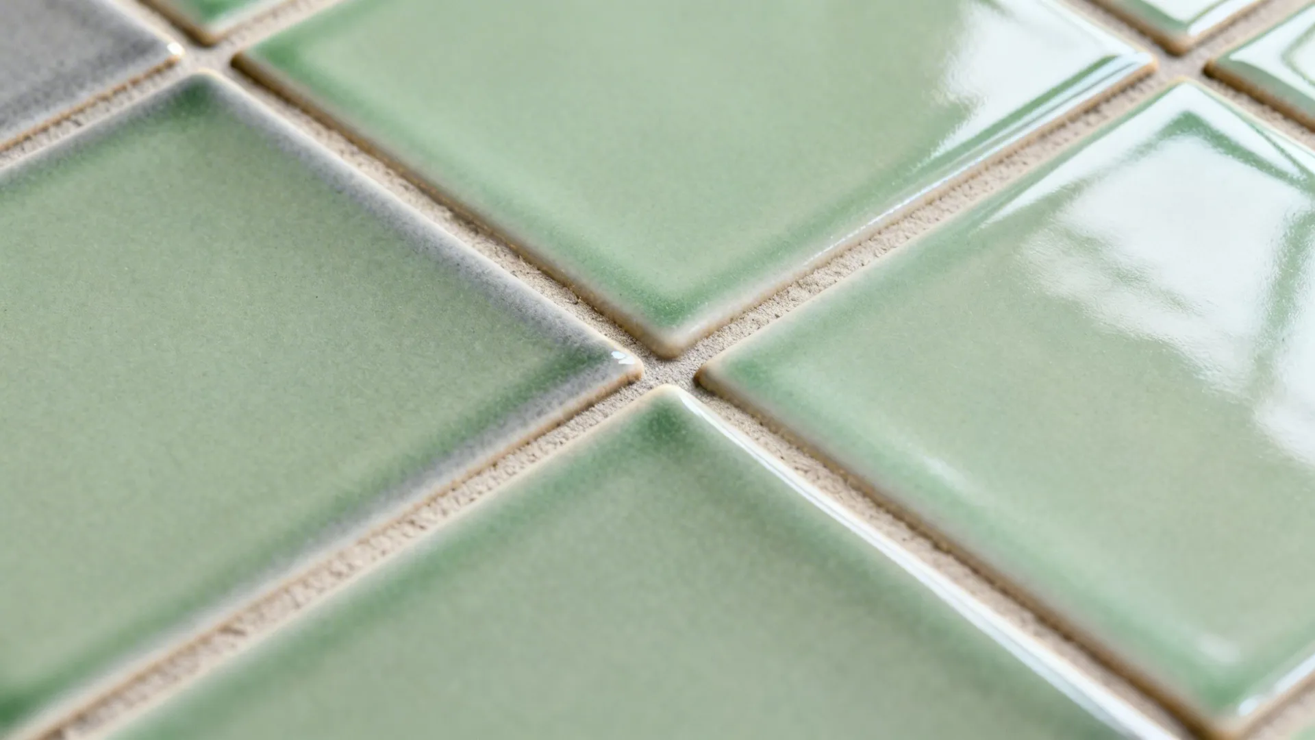 Macro of satin sage tiles with subtle gray undertone and tone-matched grout.