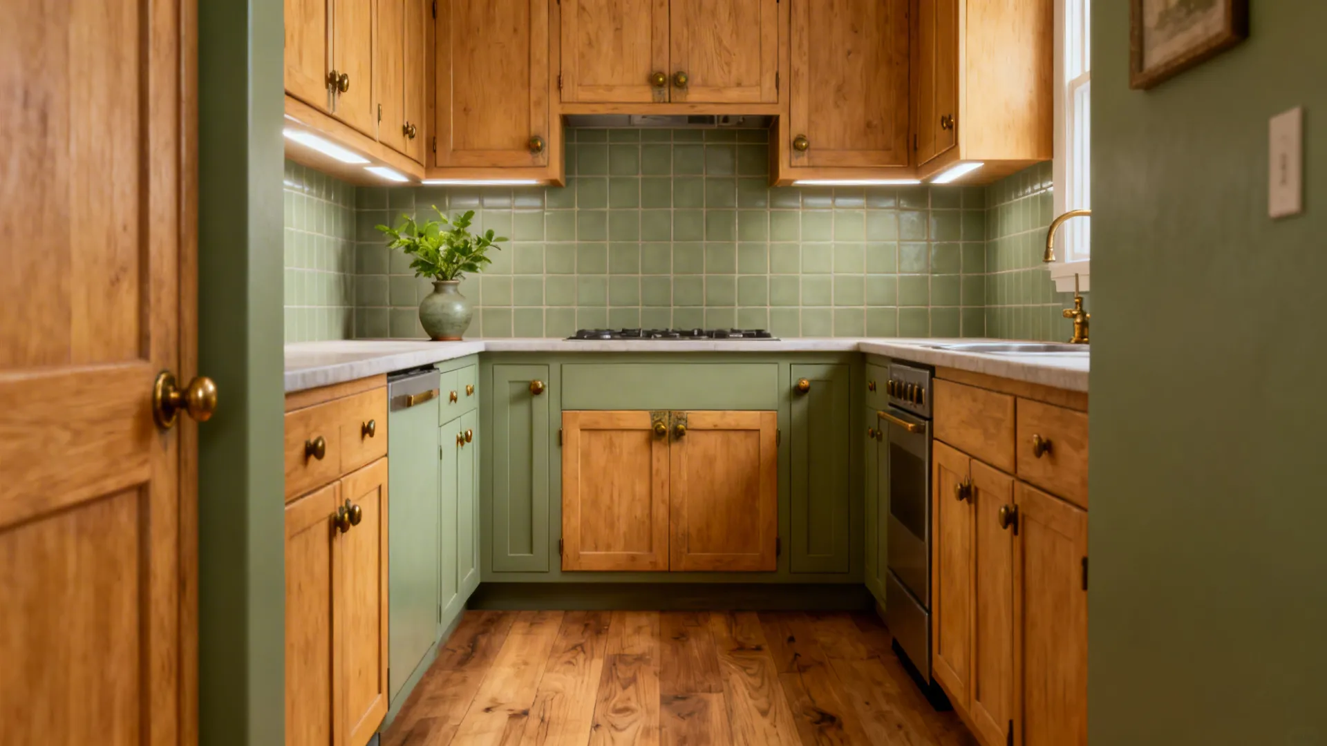 Narrow kitchen with maple cabinets and soft sage tile backsplash with aged brass accents.