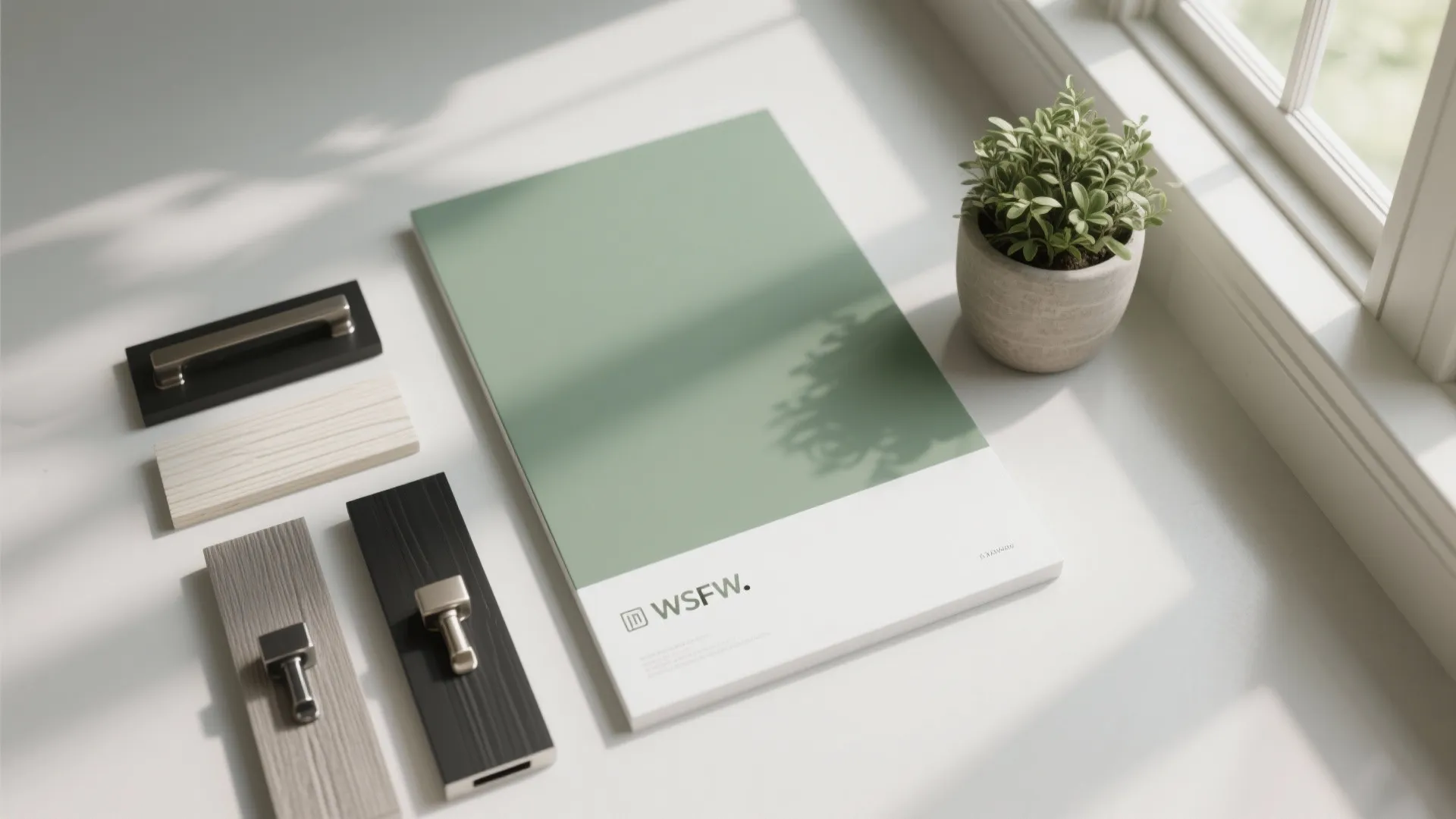 Flatlay of sage green paint chip, crisp white trim swatch, and hardware samples under soft daylight.