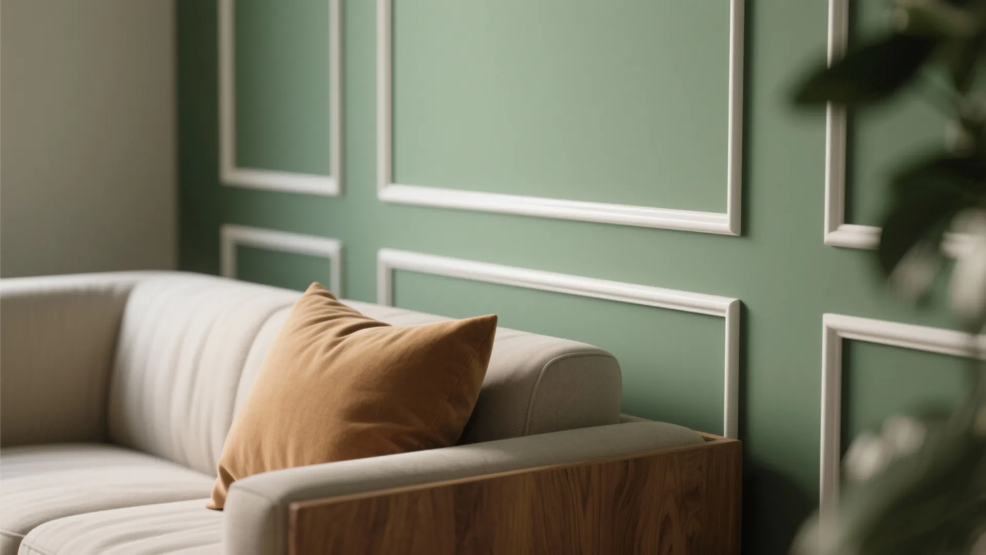 Close up of a beige sofa with brown pillow against a green wall panel design