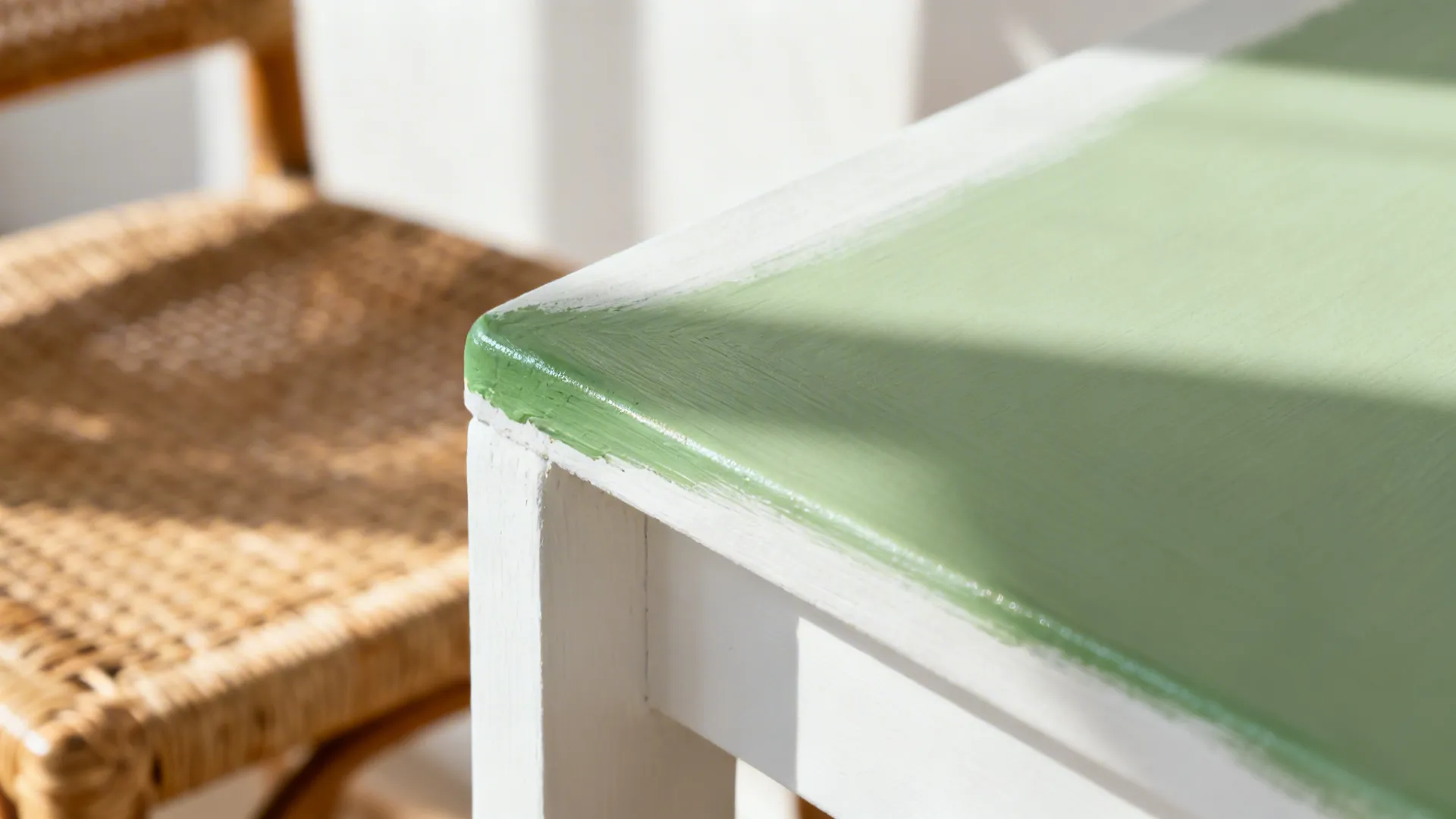 Macro of sage wall meeting soft white trim with subtle green undertone.