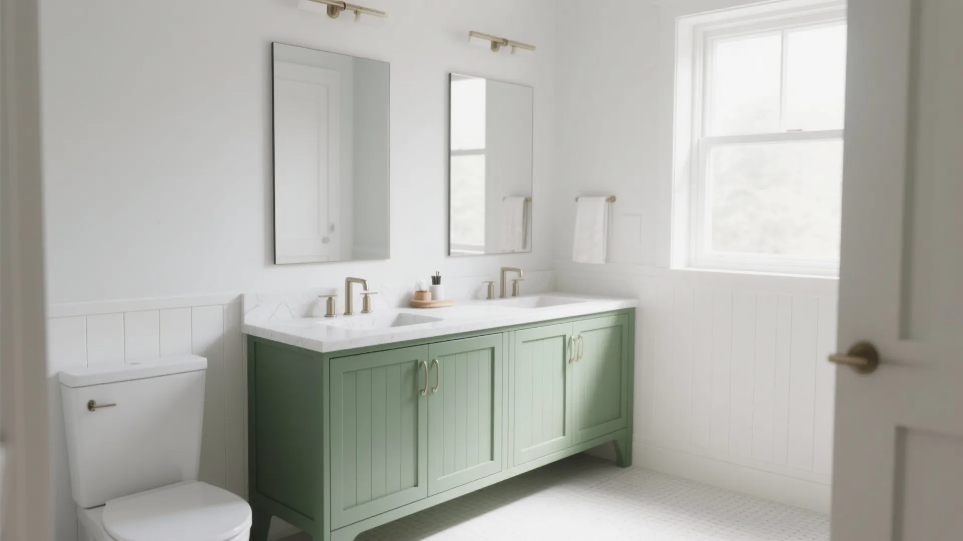 Petite ensuite with sage base cabinets and white countertop creating lifted sightlines