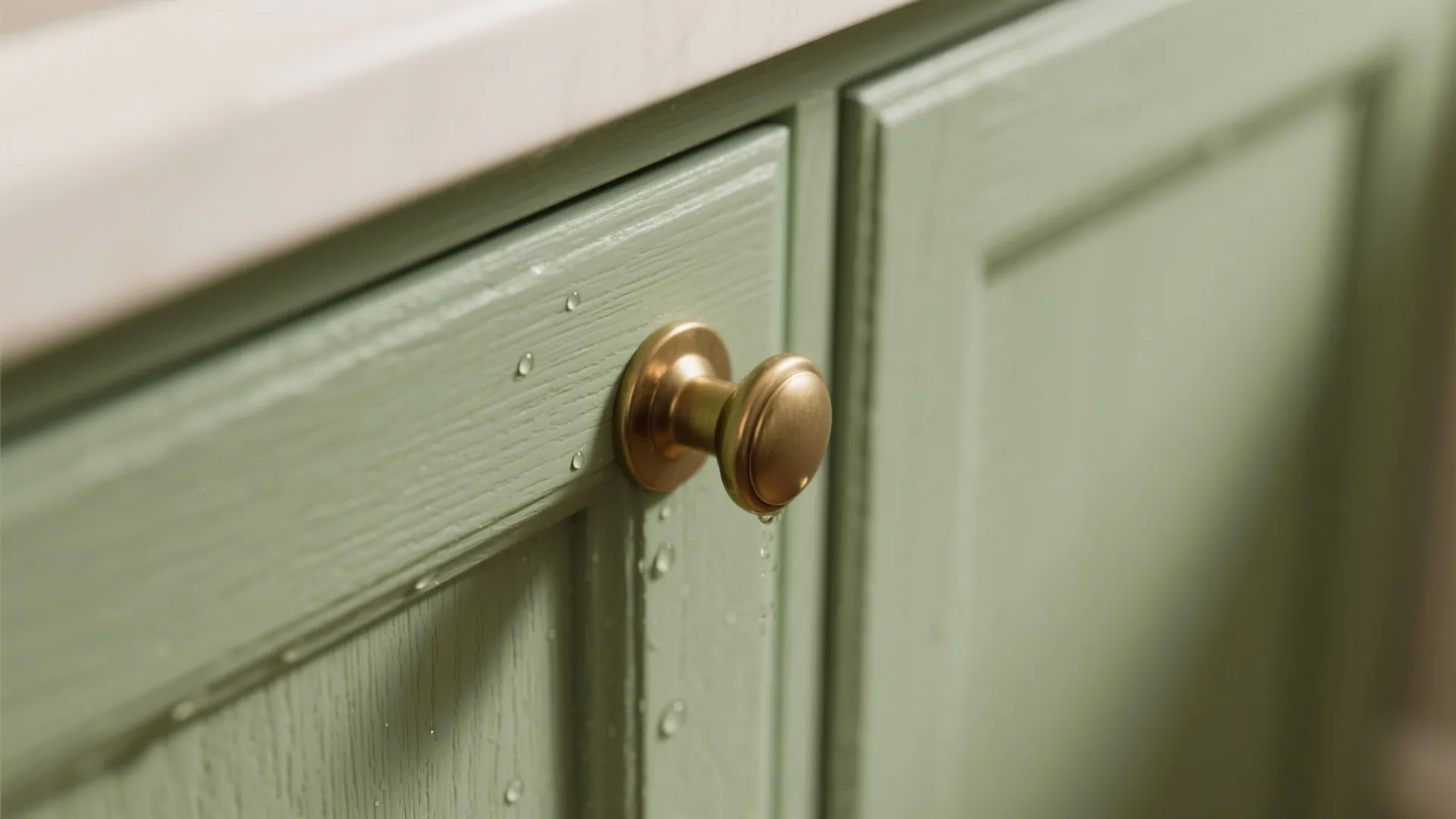 Close up of a gold door knob on a sage green wooden bathroom cabinet with water