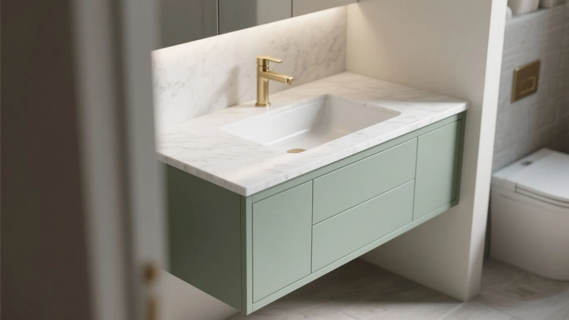 Modern bathroom cabinet with marble top gold faucet green drawers and a white toilet in background