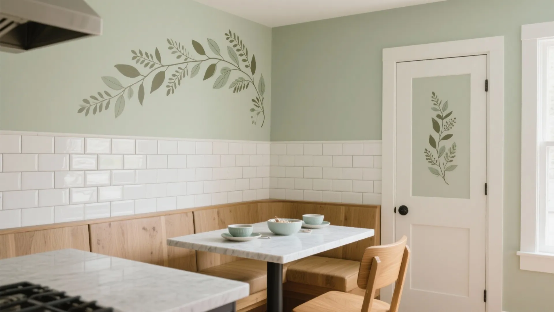 Sage green kitchen wall with leaf wall sticker marble table wooden bench and white tiles