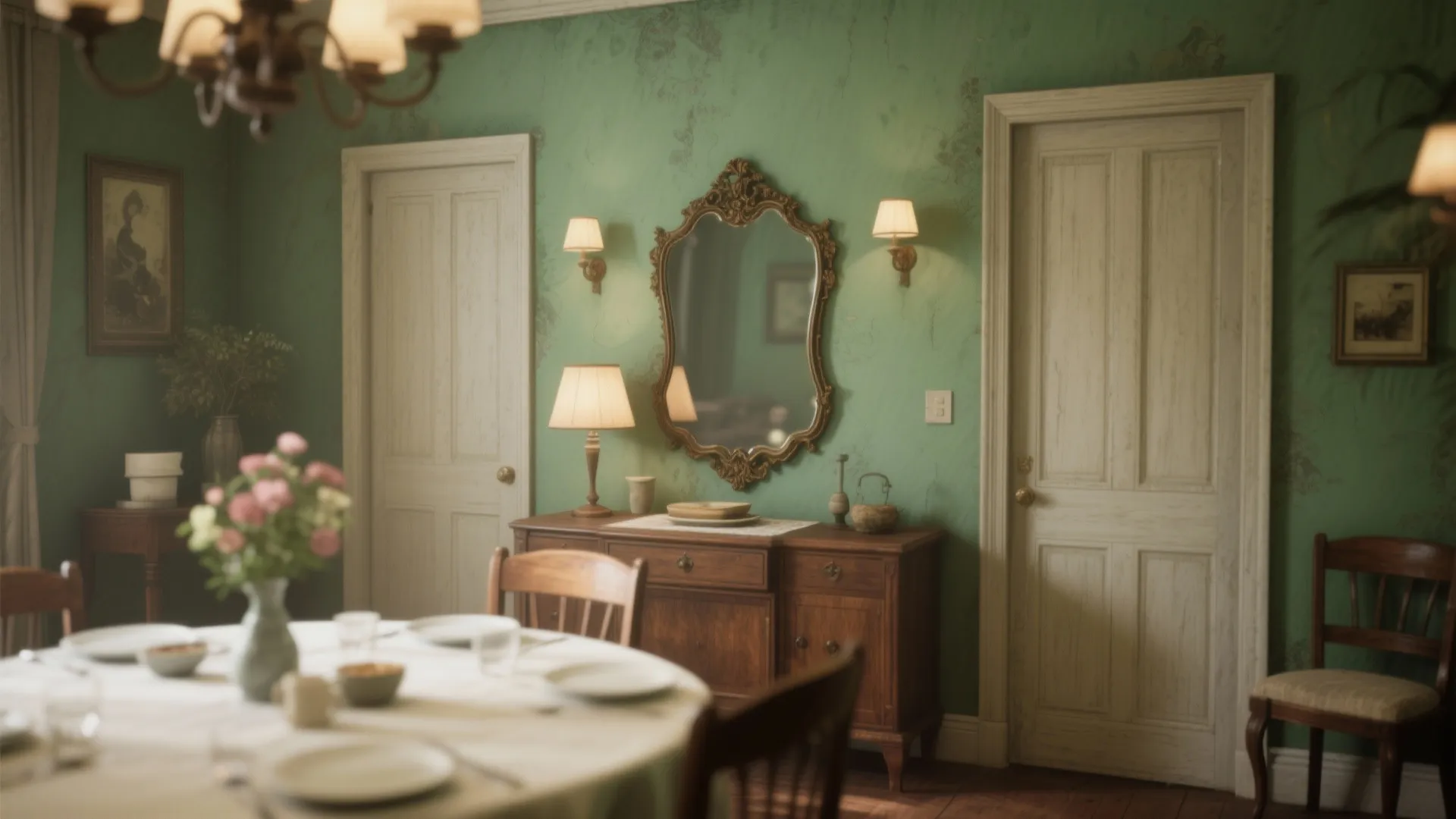 Vintage dining area with green walls wooden cabinet wall light mirror two doors and white table