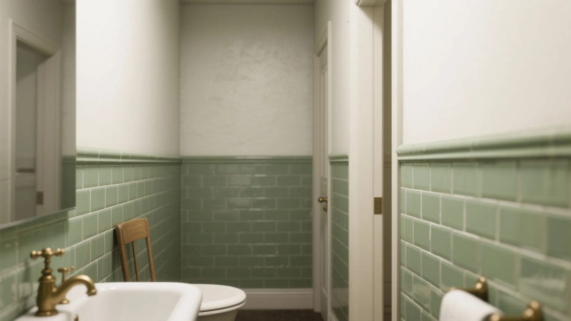 Bathroom interior design featuring green wall panel tiles gold faucet white sink and a wooden chair