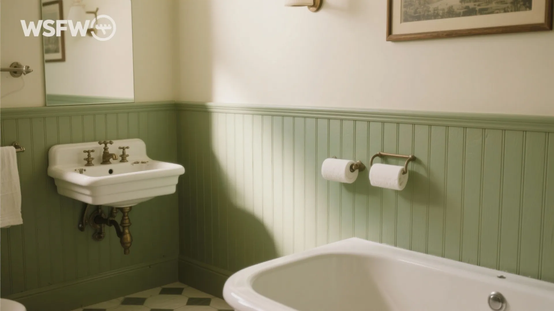 Vintage bathroom with light green wall panel white sink brass faucet and white bathtub corner