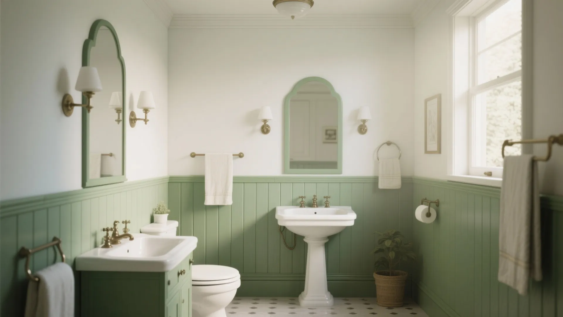 3. Sage Green Wainscoting & Crisp White Upper Walls