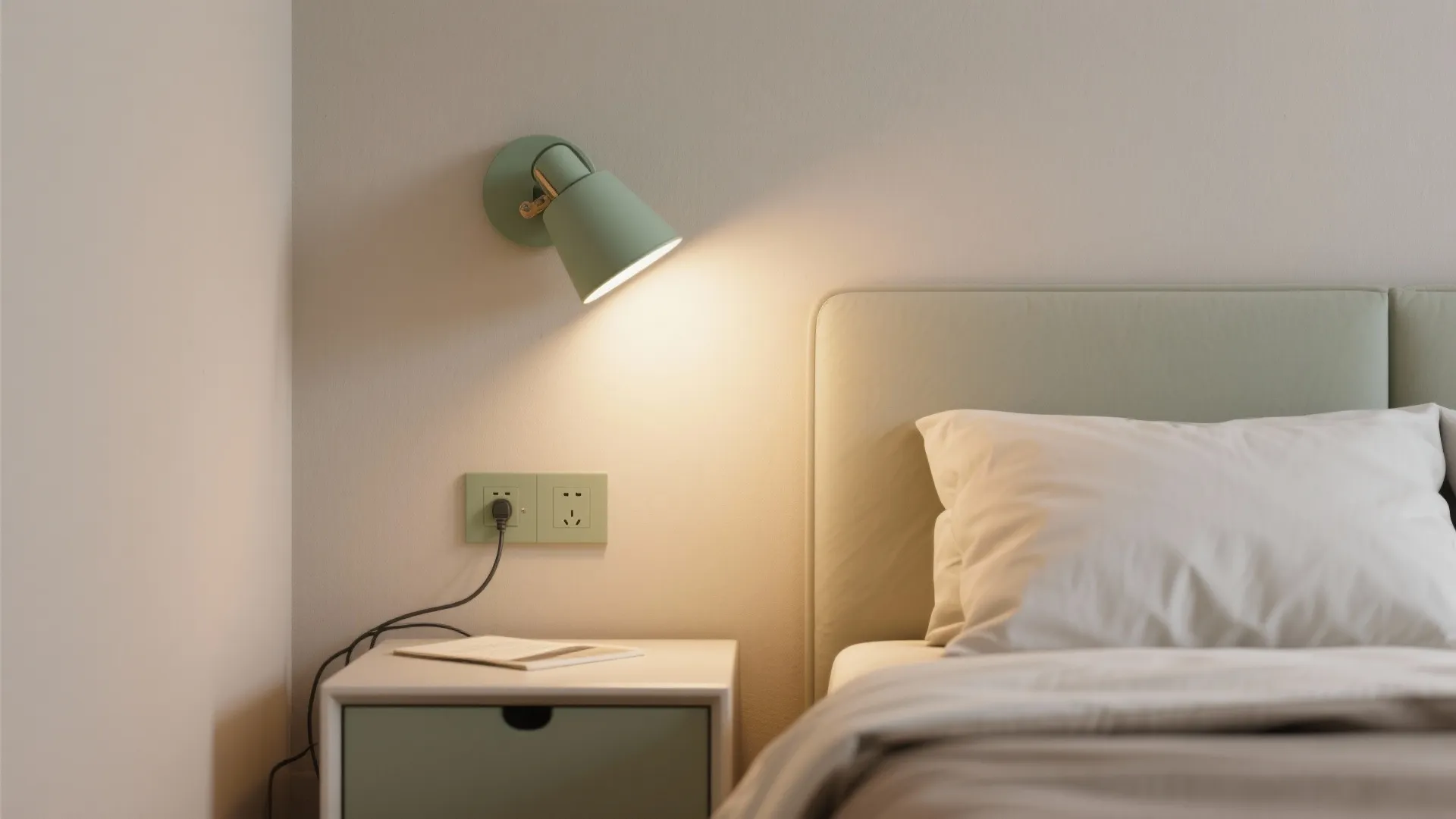 Green wall light shining on white bedside table next to bed with white pillow plug