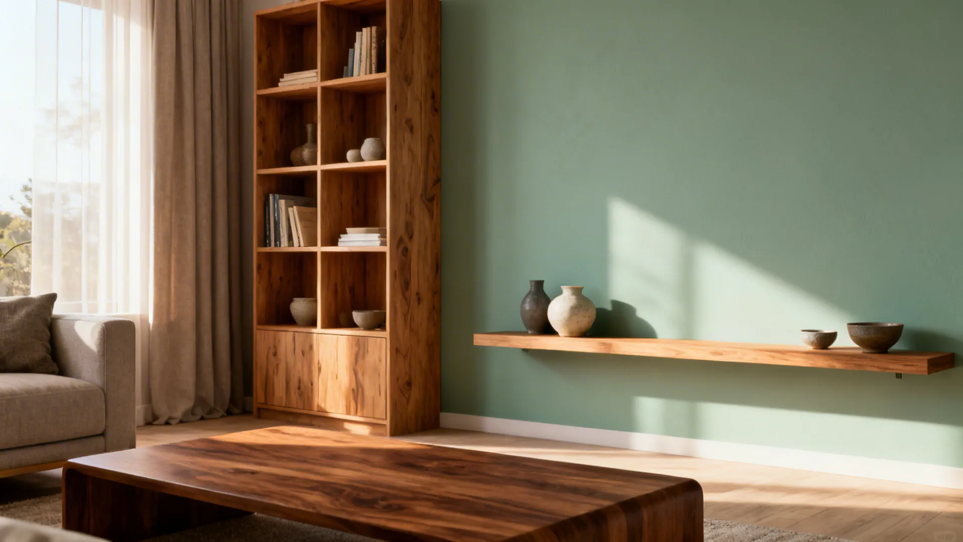 Corner view of a sage accent wall with oak shelf and walnut coffee table in soft daylight