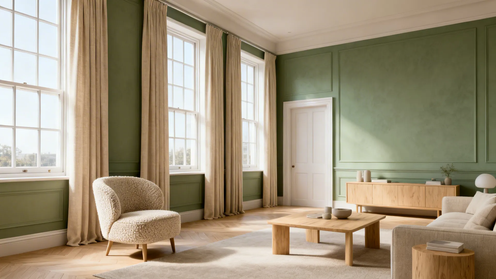 Living room with sage green walls, linen beige curtains and a boucle armchair by sash windows.