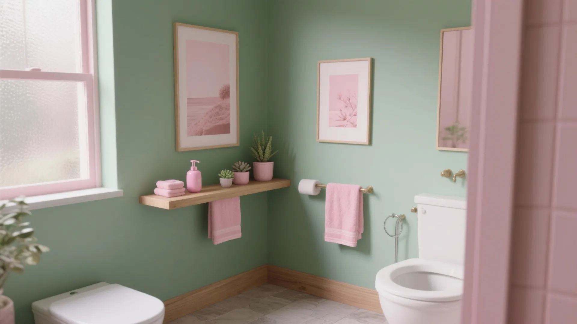 Bathroom corner with sage green walls, blush towels and pink accessories on a wooden shelf.