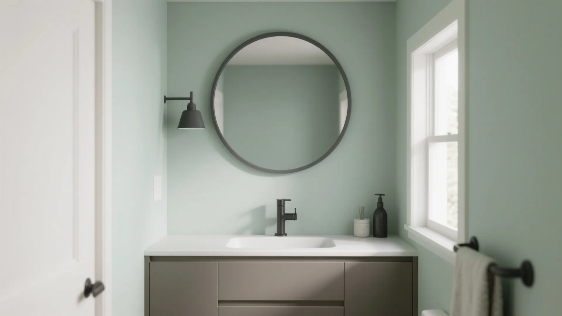 2. Pale Sage Walls + Dark Grey Fixtures
