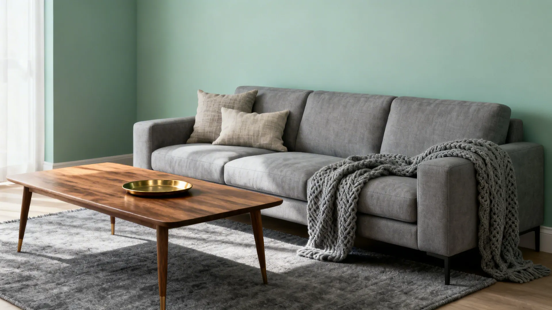 Seating area with muted sage walls, cool grey sofa, grey rug and warm wood coffee table