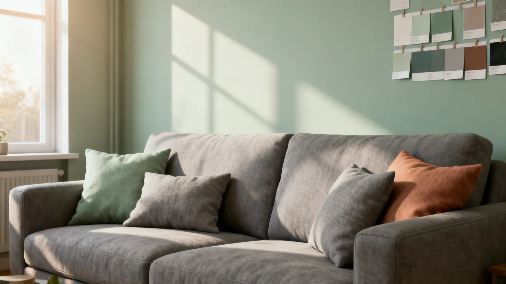 1. Soft Sage Walls + Mid-Grey Sofa