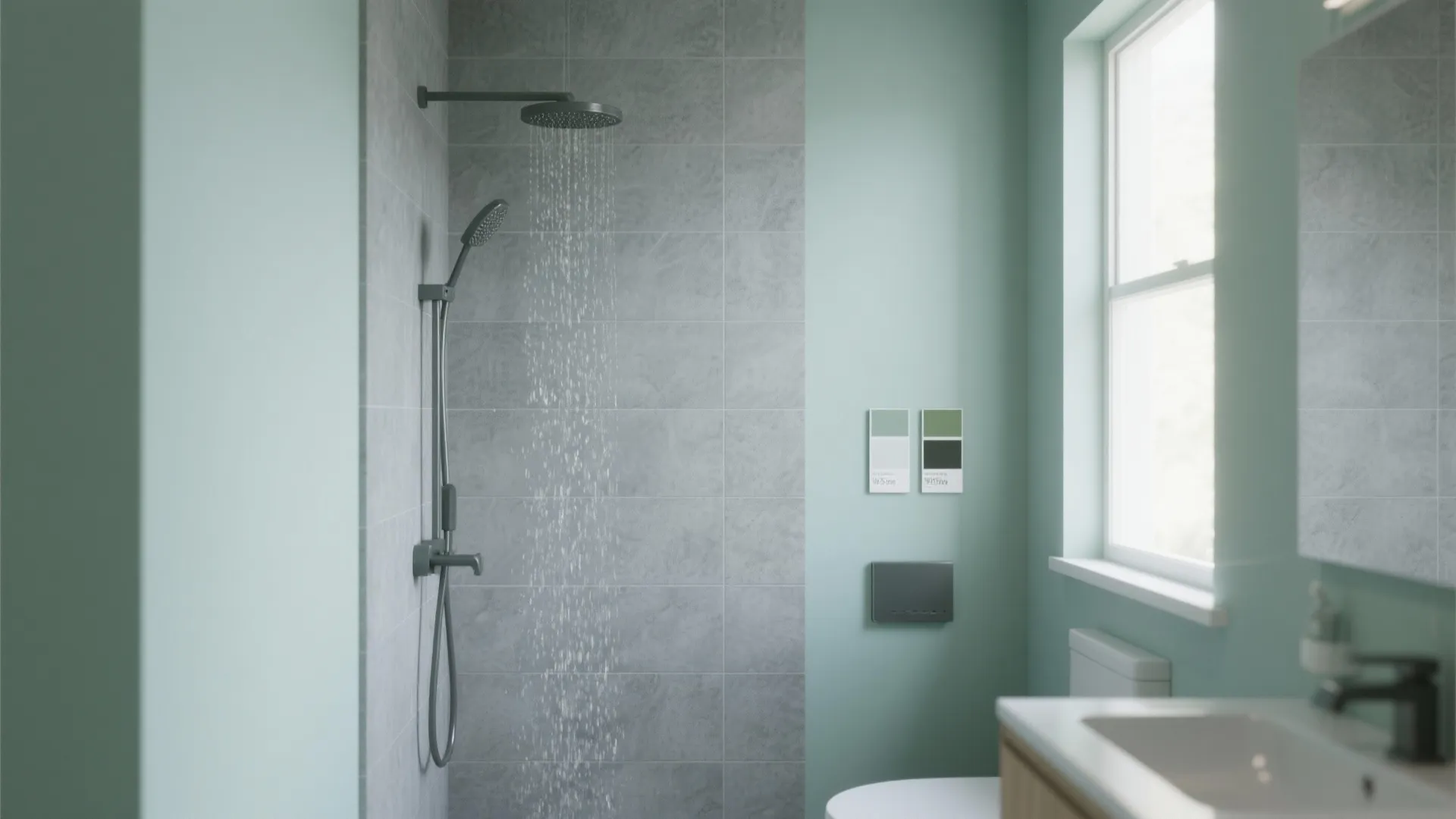 1. Soft Sage Walls with Mid-Grey Tiles